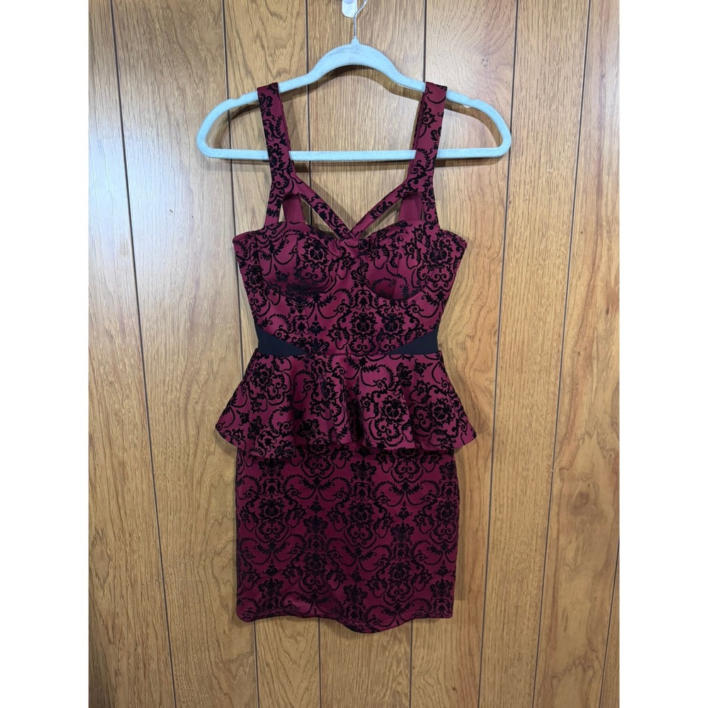 Material Girl Burgundy Black Flocked Damask Peplum Bodycon Dress Small Cutout